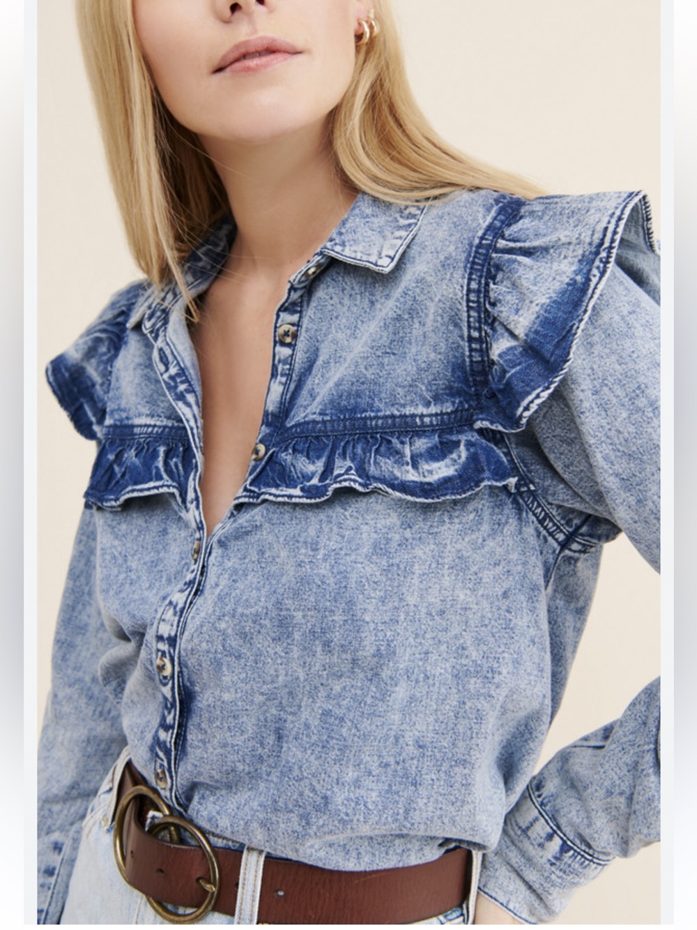 Free People Ruffle Yoke Denim Shirt - Light Blue & Dark Blue